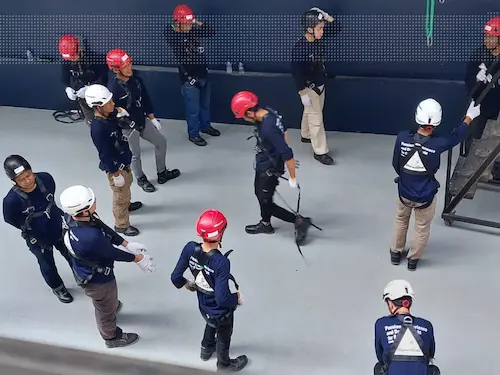 Penggunaan alat pelindung jatuh dengan standar K3 internasional.